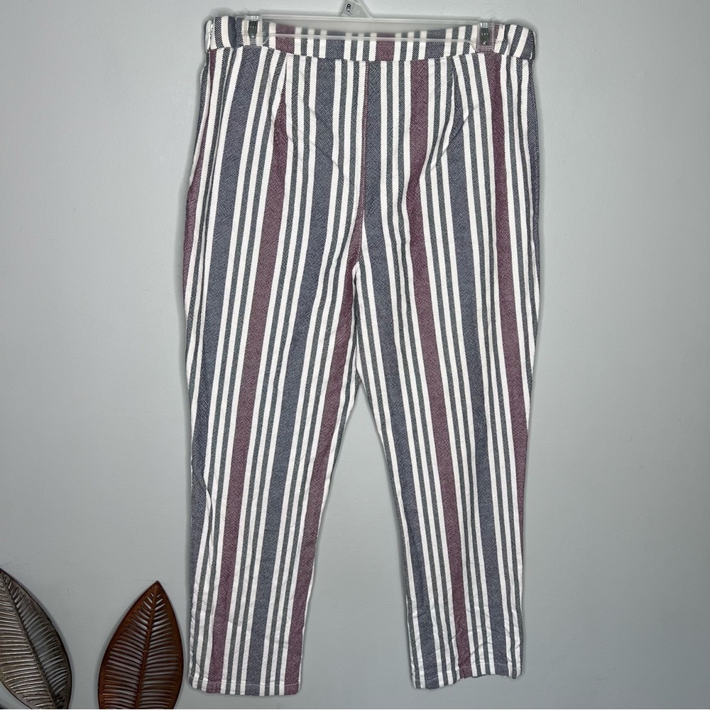 A24 Free People Striped Linen Pants Pull On Side Zip Ankle - Picture 10 of 11